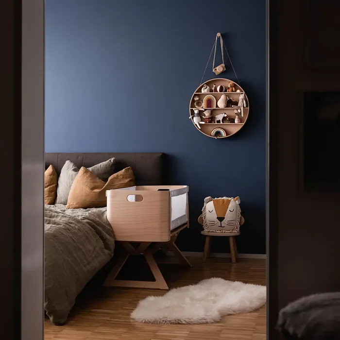 Dark blue kidsroom interior with wooden toys